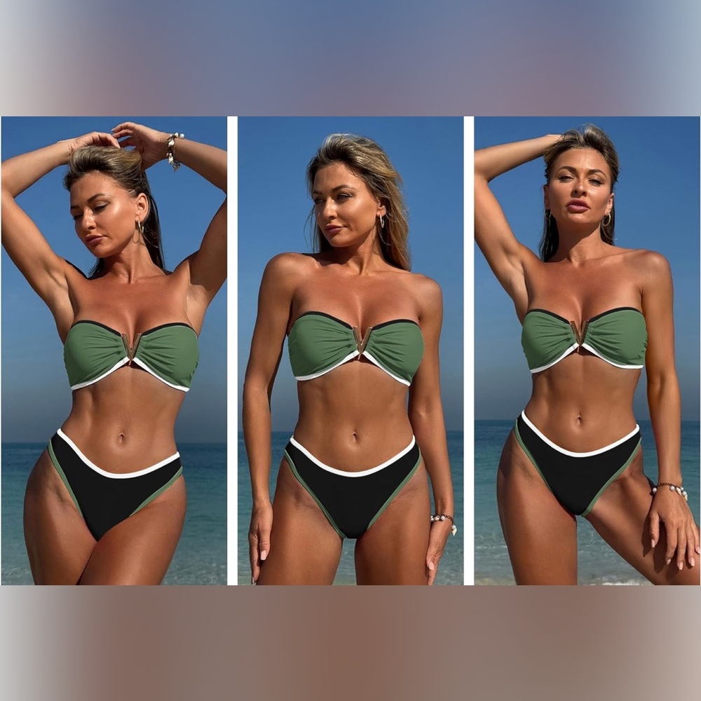 NWT Green and Black Bandeau Bikini Set L / swimsuit